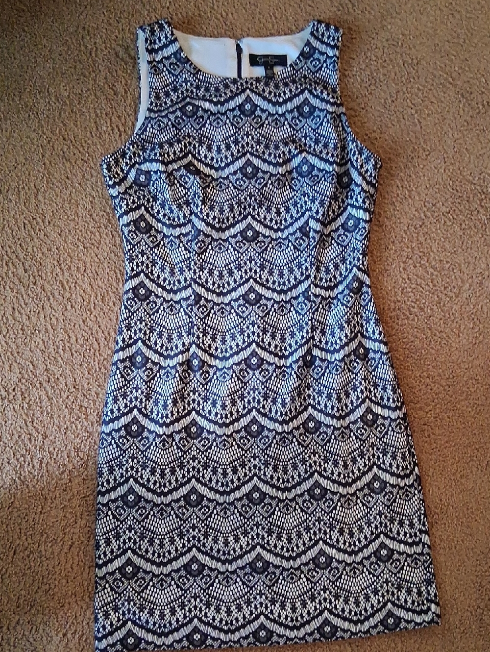 Jessica Simpson Navy and White Sleeveless Midi Sheath Dress